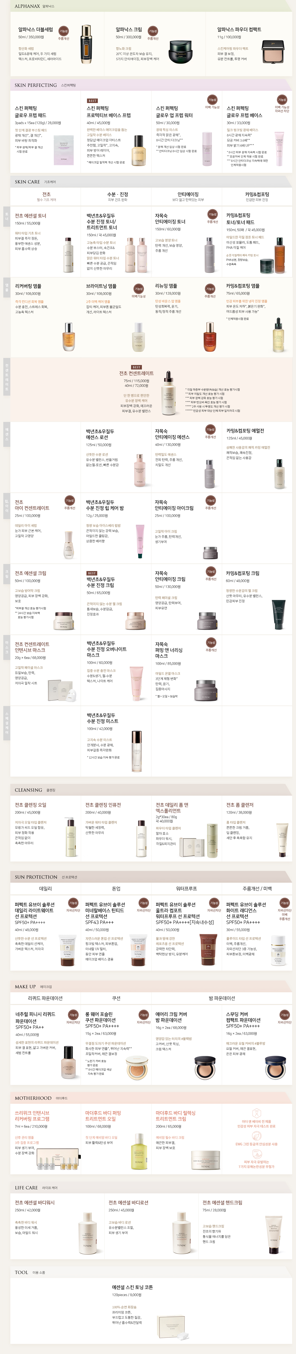 스킨케어, 클렌징, 메이크업, 마더후드 등 카테고리별 주요 뷰티 제품 라인업과 제품명이 표로 정리된 안내 이미지